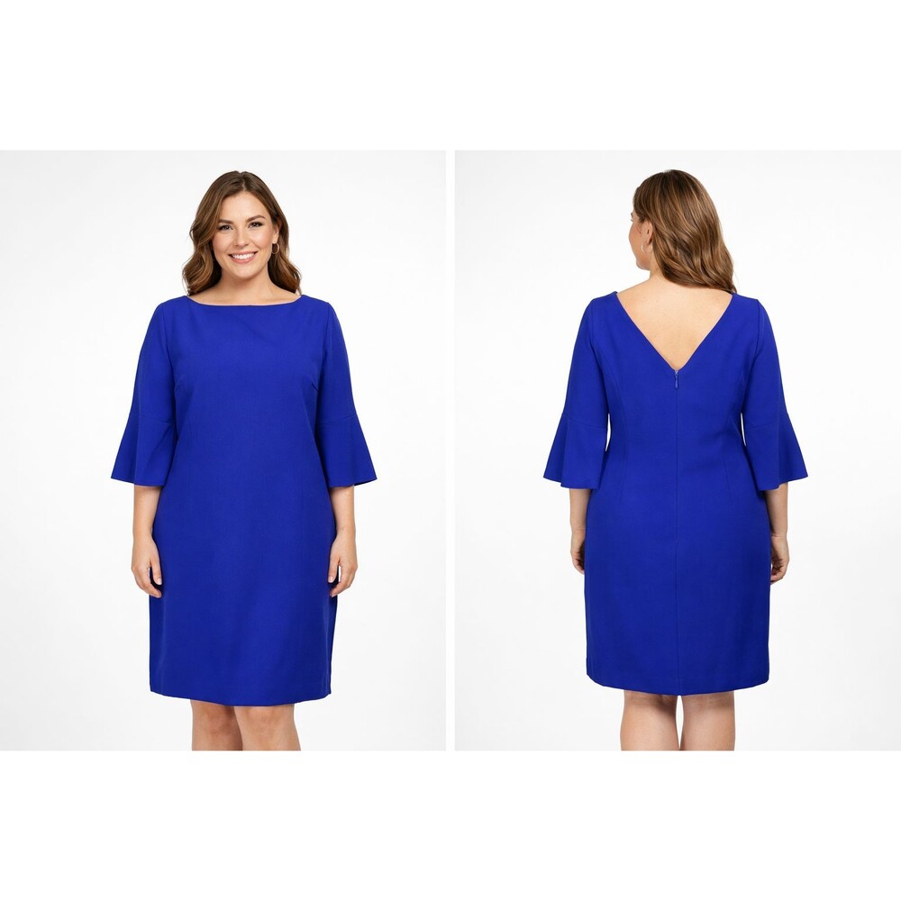 Cobalt Blue Knee-Length Shift Dress Size 14  V-Back Short Sleeve Vince Camuto